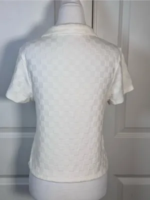 Ivory Checkerboard Knit Polo Top M Textured Johnny Collar Preppy Cropped Tennis thumbnail 5