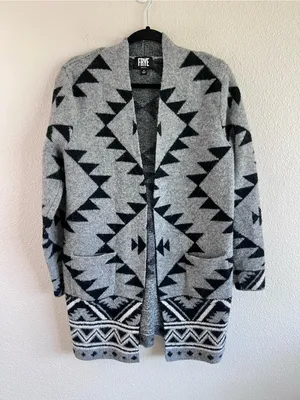 Frye Women's Open‎ Front Cardigan Patch Pockets Aztec Print Jacquard Knit thumbnail 1