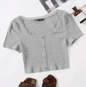 SheIn Lace Trim Button Front Rib Knit Tee thumbnail 1