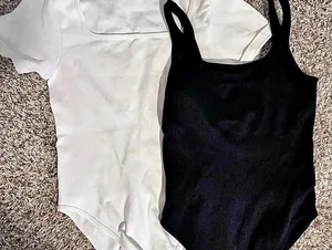 OQQ Women's Square Neck Sleeveless Bodysuit Black & White Large thumbnail 1