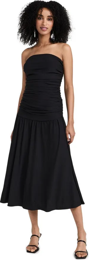 Pixie Market Women's Solid Ruched Black Strapless Flared Long Maxi Dress Size L Size L thumbnail 1