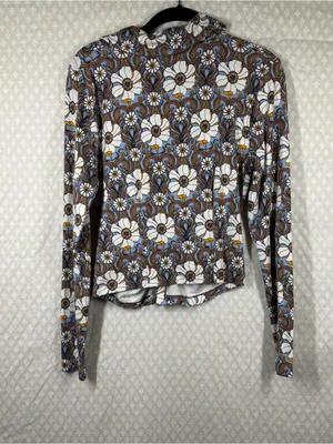 Anthropologie Maeve Blue Brown Retro Floral Button Front‎ Long Sleeve Top thumbnail 4