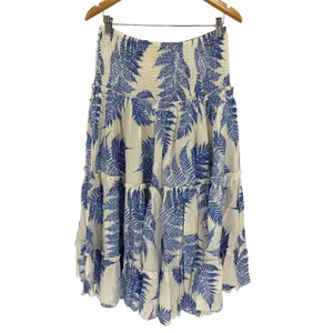ee:some Blue White Botanical Fern Print Tiered Ruffle Maxi Skirt Dress‎ Smocked thumbnail 3