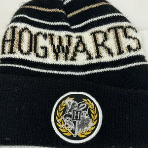 Harry Potter Hogwarts Crest Knit Beanie Hat One Size Black Gold‎ White thumbnail 3