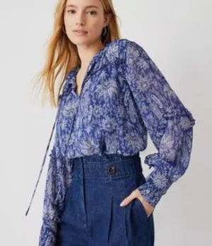 Ann Taylor Blue Paisley with ruffles Top Blouse M thumbnail 2