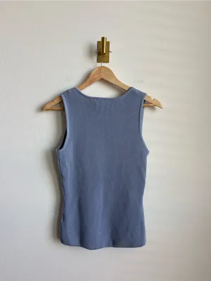 SABO Slate Blue Ribbed Knit Top Deep V Crossover Sleeveless Open Front Size S thumbnail 5