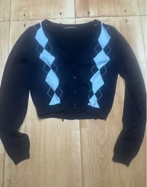 Brandy Melville Navy Blue Argyle Cropped V-Neck Button‎ Cardigan Sweater XSmall thumbnail 1