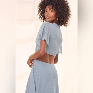 New Lulus Deep in my heart slate blue Swiss Dot cut out maxi dress size small thumbnail 3