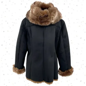 Black Faux Fur Lined Hooded Winter Coat Microsuede Coldwater Creek Petite L | 14 thumbnail 2