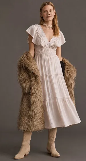 Anthropologie‎ Ruffled Tiered Midi Dress Beige Cottagecore Romantic Boho S thumbnail 1