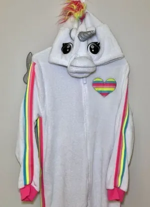 Rainbow Unicorn Fleece‎ One Piece Zip Up Hoodie Pajamas Large Costume Halloween thumbnail 1
