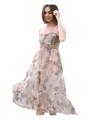 Storia Strapless Dress Brown Tan Floral Sheer Overlay Ruffle Hem S Wedding Tulle thumbnail 2