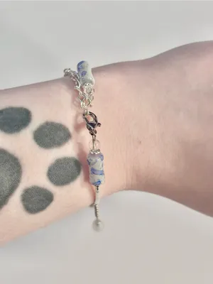Handmade Hand Crafted Silver Bracelet with Blue and White Beads and Mermaid Tail Charm thumbnail 7