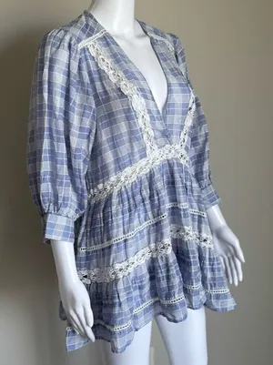 Free People Boho Lace Crotchet Plaid Puff Sleeve Top thumbnail 1