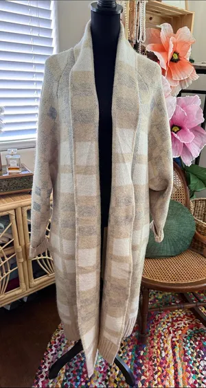 A New Day Beige Boho Hippie Maxi Cardigan Duster Sweater thumbnail 1
