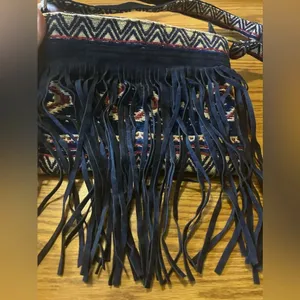 Raj Vegan Leather Navy Fringe Purse Crossbody Boho Western Woven Embroidered Bag thumbnail 2