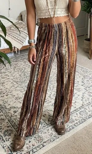 The Pyramid Collection Striped Burnout Velvet Wide Leg Pants Boho Hippie Large thumbnail 1