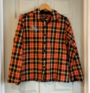 Krazy Kat Women's M Halloween Fall Spider Orange Black Plaid 100% Cotton Shirt thumbnail 1