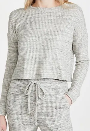 Beyond Yoga Waffle Knit Cropped Pullover Long Sleeve Top Comfy Casual Gray‎ thumbnail 1