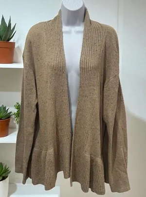 NEW‎ Easel Tan Multicolor Micro Dot Ruffle Cardigan Holiday Wool Blend Cozy L thumbnail 1