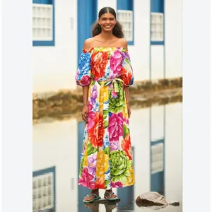 Farm Rio Rainbow Chita Off Should Puff Sleeve Colorful Maxi Dress Size M thumbnail 3