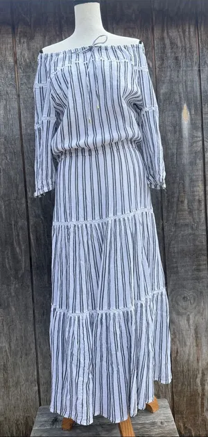 Lauren Ralph Lauren White Maxi Dress Black Stripes Ruffled Tiered Hem Sz 14 thumbnail 1