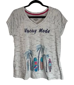 Cuddl‎ Duds Vacay Mode Graphic T-Shirt Gray Space Dye Surfboards V-Neck Medium thumbnail 1