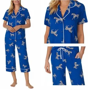 Room Service Womens Pajama Set Large Blue Zebra Print Short Sleeve Crop Pants thumbnail 2