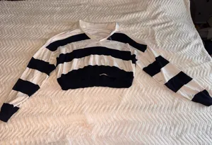 Garage Cream and Navy Striped Cropped Sweater thumbnail 1