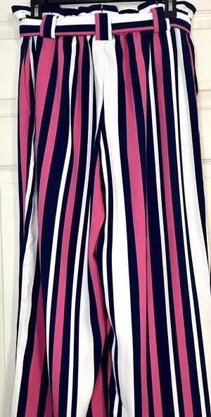 Express SzM High Rise Striped Paperbag Wide Leg Pants Pink Navy White thumbnail 13
