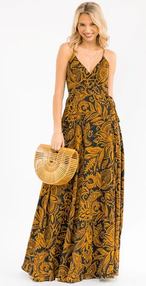 onetheland NWT Boho Floral Maxi Dress Mustard & Dark Green | Adjustable Straps thumbnail 1