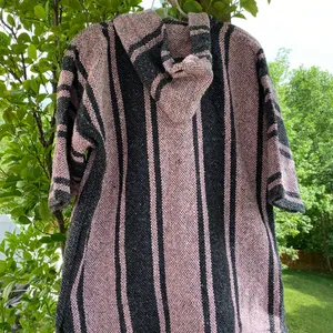 Vintage 5Focus Cotton Blend Pink & Gray Short‎ Sleeve Mexican Baja Poncho thumbnail 2