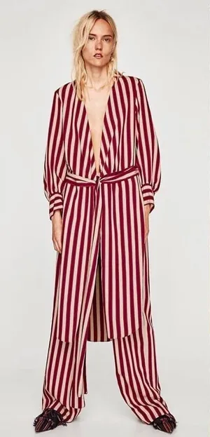 Zara Woman Burgundy Cream Striped Longline Wrap‎ Tunic Top XS thumbnail 1