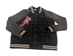 Hem & Thread‎ Womens Plaid Floral Embroidered Varsity Bomber Jacket Grey Navy L thumbnail 1