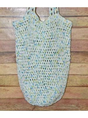 Handmade Crochet Tote Bag White Blue Green Boho Beach Market Shoulder Purse thumbnail 3