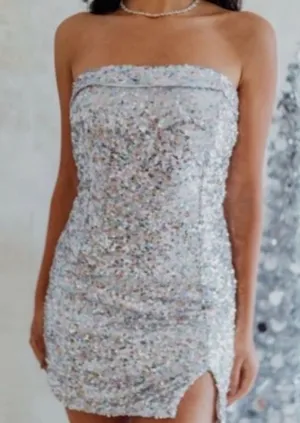 Mable Silver Allover Sequin‎ Bodycon Strapless Mini Dress Front Slit Size Large thumbnail 1