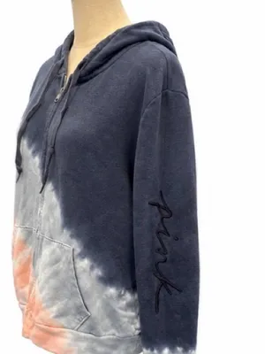 PINK Victoria’s Secret XL Tie-Dye Full Zip Hoodie Blue Peach Embroidered Sleeve thumbnail 2