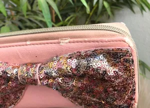 Betsey Johnson Pink Large Bow Glitter Rhinestone Sequin Gold Accents Leather Wallet Clutch Purse thumbnail 5