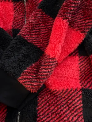 Cozy plaid red and black fuzzy zip up jacket Multiple Size XL thumbnail 2