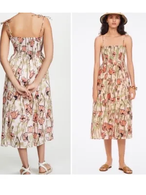 Tory Burch Poplin Midi Pink Poppies Bloom dress Size L thumbnail 3