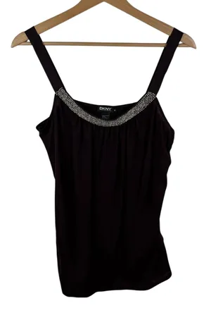 DKNY Beaded Neckline Tank Top Medium Brown Embellished Sparkle Y2K Glam Stretch‎ thumbnail 1