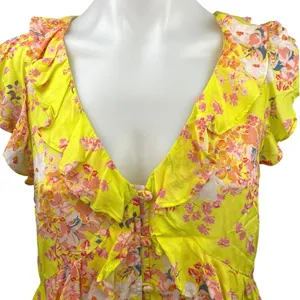 Anthropologie Maeve Yellow Pink Floral Ruffle Deep V Button Up Blouse Top Sz 4 thumbnail 3