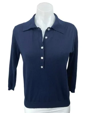 Zara Women's Blue Wool 3/4 Sleeve Button Front Collar Polo Sweater Shirt Top M thumbnail 1