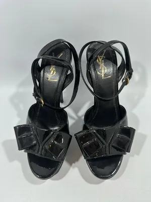 Yves Saint Laurent YSL Tribute Y Bow Black Patent Leather Platform Sandals 38.5 thumbnail 8