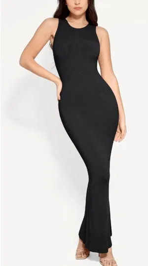 Popilush Black Ribbed Sleeveless Bodycon Maxi Dress Shapewear SMALL Crew Neck thumbnail 1