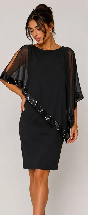 Scarlett‎ Women's Cape Sequence Shift Dress Black 10 Cocktail Wedding Party thumbnail 1