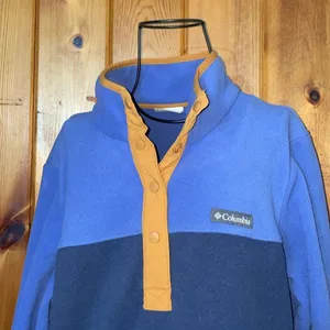 Columbia women’s 2 toned blue and brown pullover quarter button sweatshirt MD thumbnail 2