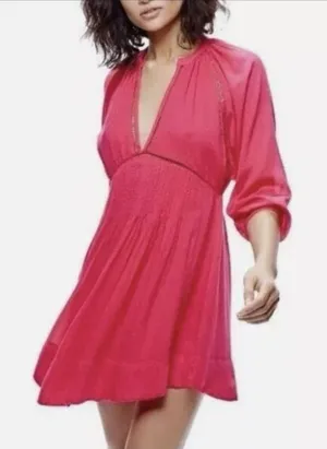 Free People V-neck 3/4 Sleeve Women’s Size M Fairy Swing Pink Dress thumbnail 1