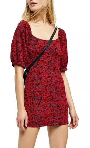 Free People Sunset Mini Dress Red Floral Puff Sleeve Size M OB1037978 thumbnail 1