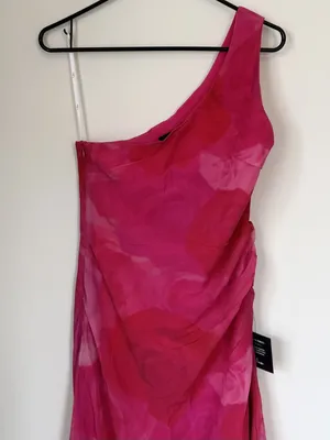 NWT Lulus Pretty Serene Pink Floral One Shoulder Asymmetrical Midi Dress - Med thumbnail 5